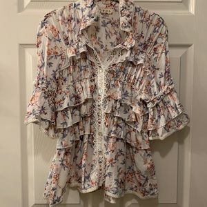 POL RUFFLED SHIRRED ELASTIC FLORAL PRINT BLOUSE SZ L:LACE TRIM TEAL/RUST